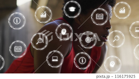 Image of multiple icons over tired african american male athlete wiping sweat Image of multiple icons over tired african american male athlete wiping sweat 116175925