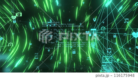 Image of circular pattern and connected icons forming globes with computer language Image of circular pattern and connected icons forming globes with computer language 116175948