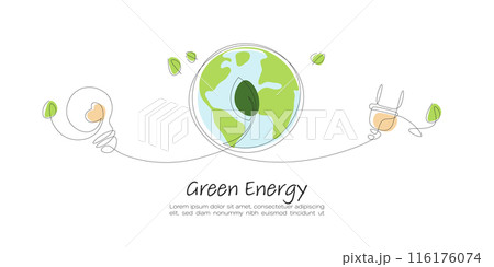 Light Bulb and Green Earth. Continuous line art drawing. Sustainable of Green Energy concept concept.  Line art vector illustration. 116176074