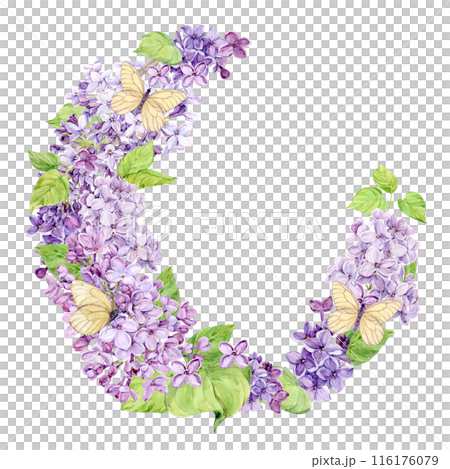 Lilac wreath. Watercolor frame of spring flowers with white butterflies. Wedding invitation template with place for text. Decor in boho style. Save the date illustration on a isolated background. Lilac wreath. Watercolor frame of spring flowers with white butterflies. Wedding invitation template with place for text. Decor in boho style. Save the date illustration on a isolated background. 116176079