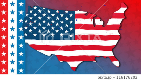 Map of USA, painted with American flag colors, sitting on red and blue background 116176202