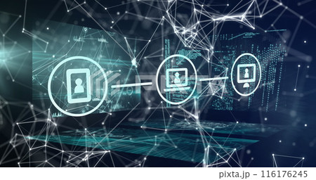 Three digital icons with user profiles connecting over network 116176245
