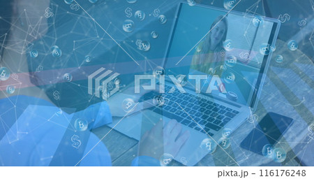 Image of network of connections with bitcoin icons over woman on laptop image call 116176248