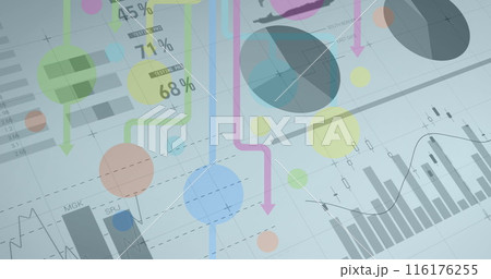 Image of statistics and data processing over colorful shapes on white 116176255