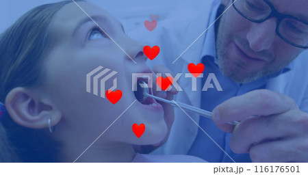 Image of heart icons over caucasian male dentist treating caucasian girl Image of heart icons over caucasian male dentist treating caucasian girl 116176501