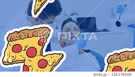 Image of pizza icons and pizza day text over caucasian male dentist treating caucasian man Image of pizza icons and pizza day text over caucasian male dentist treating caucasian man 116176506