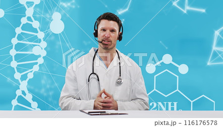 Caucasian male doctor wearing phone headset talking against dna and molecular structures floating 116176578