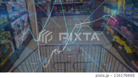 Image of statical data processing over world map against empty shopping cart at grocery store Image of statical data processing over world map against empty shopping cart at grocery store 116176608