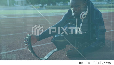 Image of digital interface over african american man with a physical disability running 116176660