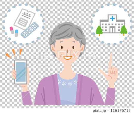Remote medical treatment via smartphone, elderly woman getting prescription, hospital appointment, medical expenses, elderly 116176715