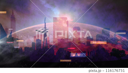 Image of falling social media icons over cityscape 116176731