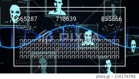 Image of dna moving over interface with moving squares, profile pictures and changing numbers 116176768