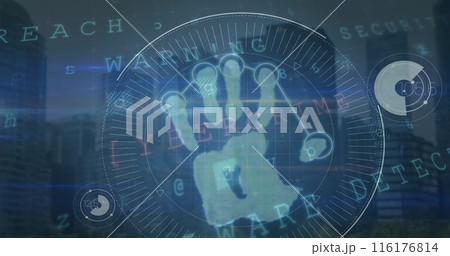 Image of digital key and binary code over hands of caucasian businessman using touchscreen 116176814