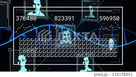 Image of dna moving over interface with moving squares, profile pictures and changing numbers Image of dna moving over interface with moving squares, profile pictures and changing numbers 116176851