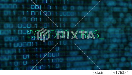 Image of covid 19 virus text in green and interference over binary data processing Image of covid 19 virus text in green and interference over binary data processing 116176884