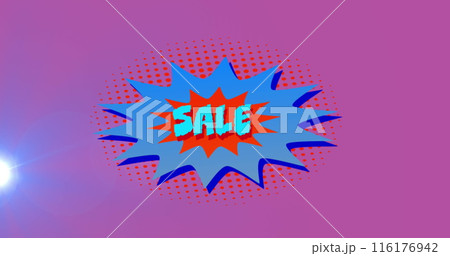 Image of sale text over retro star speech bubble on pink background 116176942
