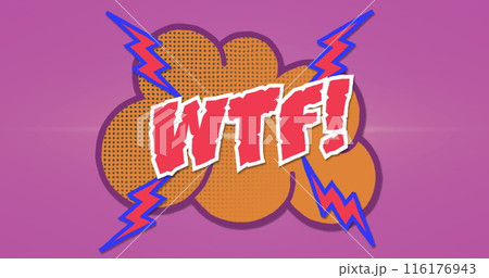 Image of wtf text over retro cloud speech bubble and flashes on pink background Image of wtf text over retro cloud speech bubble and flashes on pink background 116176943