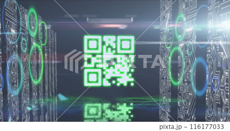 Image of gr code, neon circles, light and data processing Image of gr code, neon circles, light and data processing 116177033