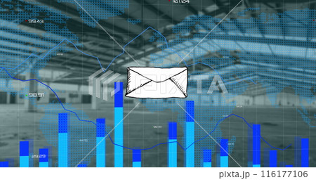 Image of message icon and statistical data processing over world map against empty warehouse 116177106