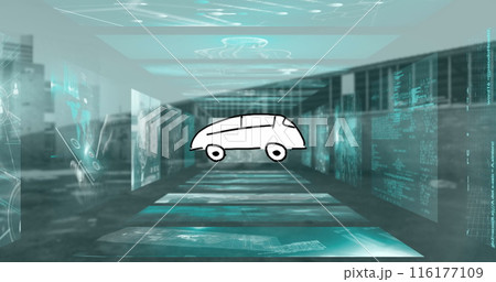 Image of car icon over screens with medical data processing against empty warehouse Image of car icon over screens with medical data processing against empty warehouse 116177109