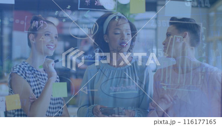 Image of icons and financial data processing over diverse casual business people Image of icons and financial data processing over diverse casual business people 116177165
