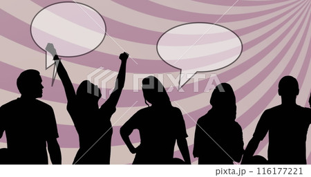 Image of supporters silhouettes with speech bubbles over shapes on pink background Image of supporters silhouettes with speech bubbles over shapes on pink background 116177221
