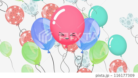 Image of emoji and stars on multicolored balloons moving on white background 116177309