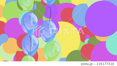 Image of emoticons over moving balloons over multicolored circles 116177310