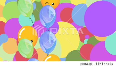 Image of emoticons over moving balloons over multicolored circles 116177313