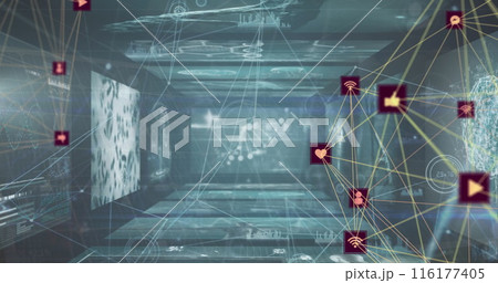 Image of two globes of digital icons spinning against screens with medical data processing 116177405