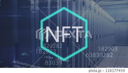 Image of financial data processing with nft text over computer servers 116177459