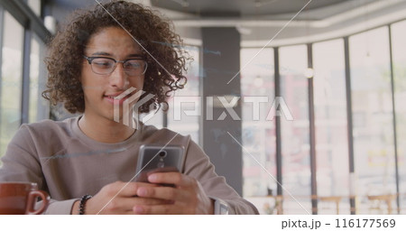 Image of financial data processing over biracial man using smartphone in office 116177569