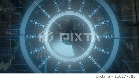 Image of round scanner, microprocessor connections and financial data processing over escalator 116177583