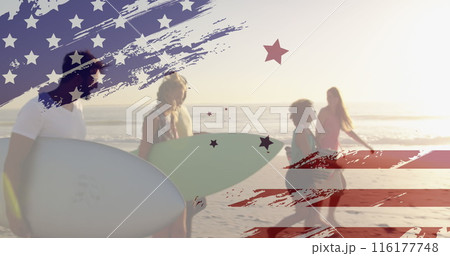 Image of flag of america over diverse friends walking with surfing walking towards ocean Image of flag of america over diverse friends walking with surfing walking towards ocean 116177748