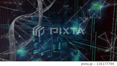 Image of ticking clock and spinning dna structure against data processing and plexus networks 116177799