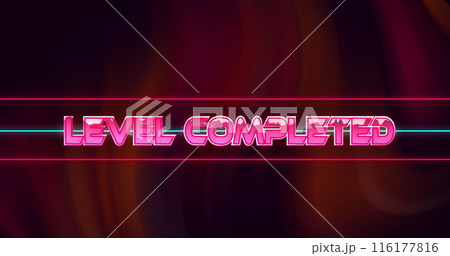 Image of glitch effect over level completed text against red digital wave on black background 116177816