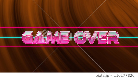 Image of glitch effect over game over text against orange digital wave on black background 116177826