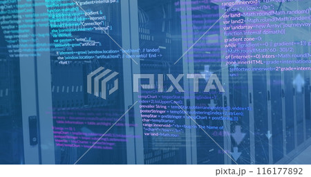Image of computer language and connected icons over data server racks in server room Image of computer language and connected icons over data server racks in server room 116177892