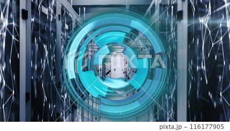 Image of loading circles over connected dots on data server racks in server room 116177905
