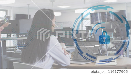 Image of padlock over caucasian woman learning coding by watching online classes on laptop 116177906