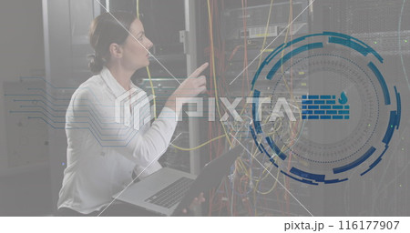 Image of firewall in loading circles, caucasian female engineer checking server using laptop 116177907