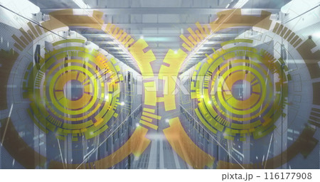 Image of loading circles over bars on data server racks in server room 116177908