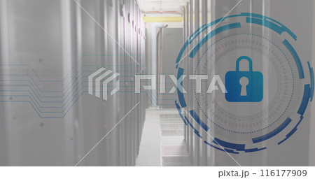 Image of padlock in loading circles over data server room 116177909