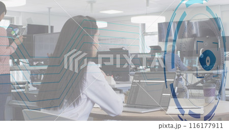 Image of eye over caucasian woman learning coding by watching online classes on laptop 116177911