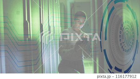 Image of fingerprint over caucasian female engineer using digital tablet in server room 116177912