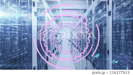 Image of loading circles over binary codes on data server racks in server room 116177913