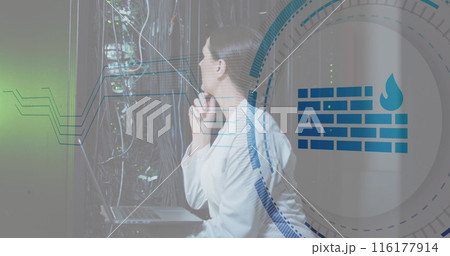 Image of firewall icon over caucasian female engineer checking data server using laptop Image of firewall icon over caucasian female engineer checking data server using laptop 116177914