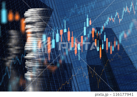 為替の変動と経済活動。為替の変動と今後の見通し。高層ビルを背景にした為替のチャート。 為替の変動と経済活動。為替の変動と今後の見通し。高層ビルを背景にした為替のチャート。 116177941