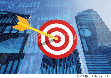 ビジネス経営目標達成のイメージ。財務やマーケティングの目標。高層ビルや多数のグラフの背景に矢と的のア 116177971