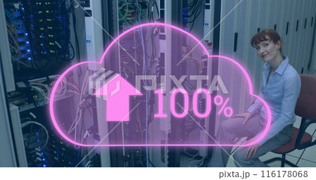 Image of cloud with increasing number over smiling caucasian woman sitting at servers Image of cloud with increasing number over smiling caucasian woman sitting at servers 116178068
